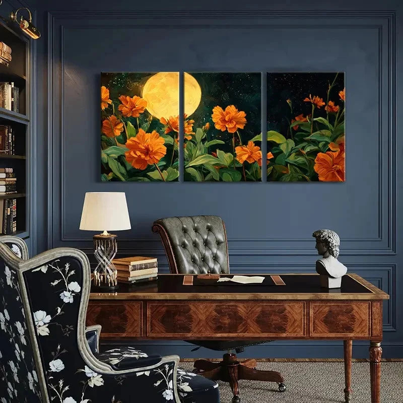3pcs Orange Flowers & Starry Night Sky Metal Print Ready to Hang Art
