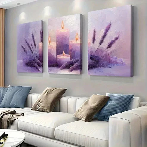 3pcs Purple Candles and Flowers Decor Art Set Canvas Unframed - High Quality Print 100% Australian Made Wall Canvas