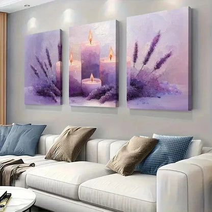 3pcs Purple Candles and Flowers Decor Art Set Canvas Unframed - High Quality Print 100% Australian Made Wall Canvas