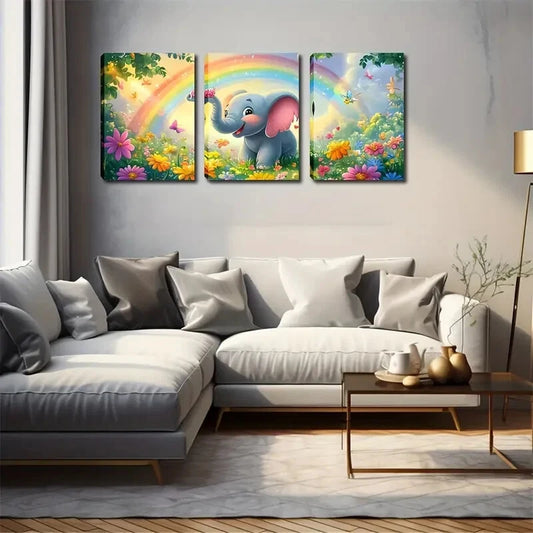 3pcs Baby Elephant and Floral Cartoon Design Wall Art Set Canvas Framed 50x70cm - High Quality Print 100% Australian Made Wall Canvas Ready to Hang