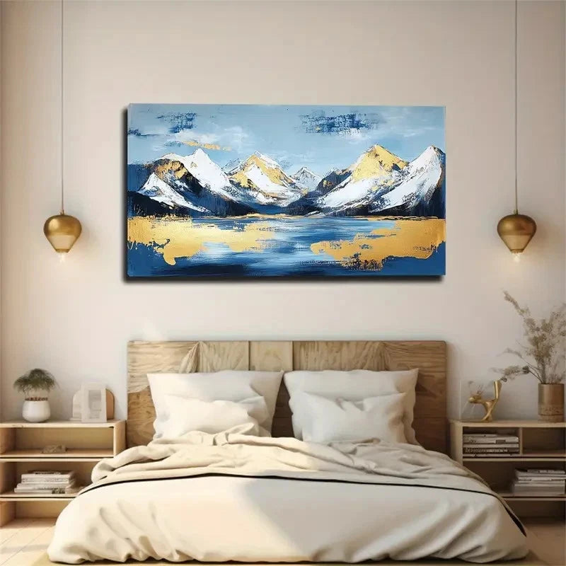Blue Golden Abstract Landscape Wall Art Canvas Office Home Room Framed 120x60cm
