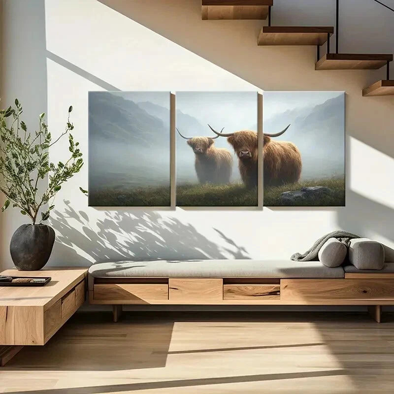 3pcs Highland Cattle Foggy Mountain Landscape Metal Print Ready to Hang Art - Bella Home Decor