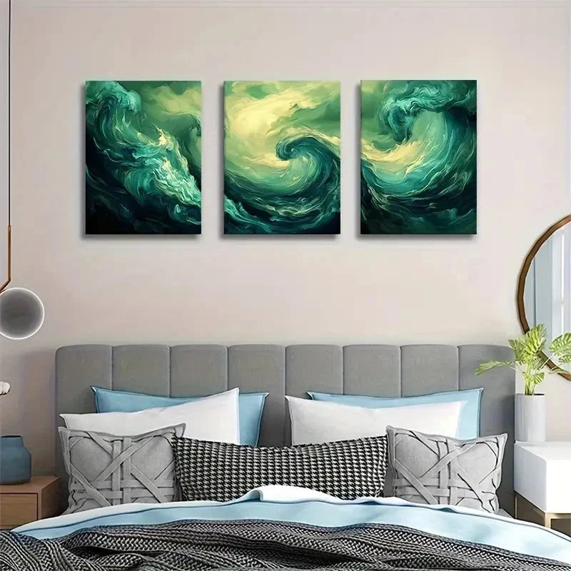 3pcs Abstract Green Swirl Ocean Dynamic Painting Metal Print Ready to Hang Art - Bella Home Decor