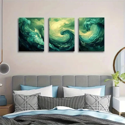 3pcs Abstract Green Swirl Ocean Dynamic Painting Metal Print Ready to Hang Art - Bella Home Decor
