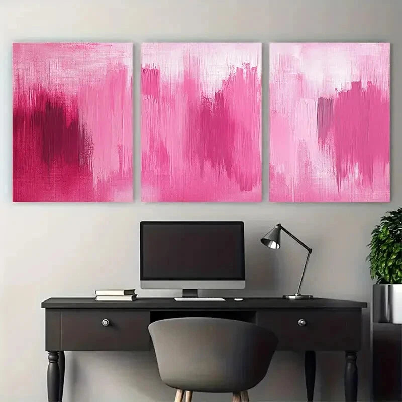 3pcs Vibrant Pink Abstract Brush Stroke Design Metal Print Ready to Hang Art - Bella Home Decor