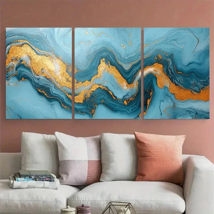 3pcs Elegant Light Blue Marbled with Golden Accent Metal Print Ready to Hang Art - Bella Home Decor