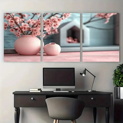 3pcs Vibrant Pink Florals in Vase Illustration Metal Print Ready to Hang Art - Bella Home Decor