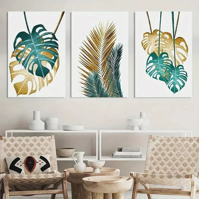 3pcs Painting Tropical Leaves Metal Print Ready to Hang Art - Bella Home Decor