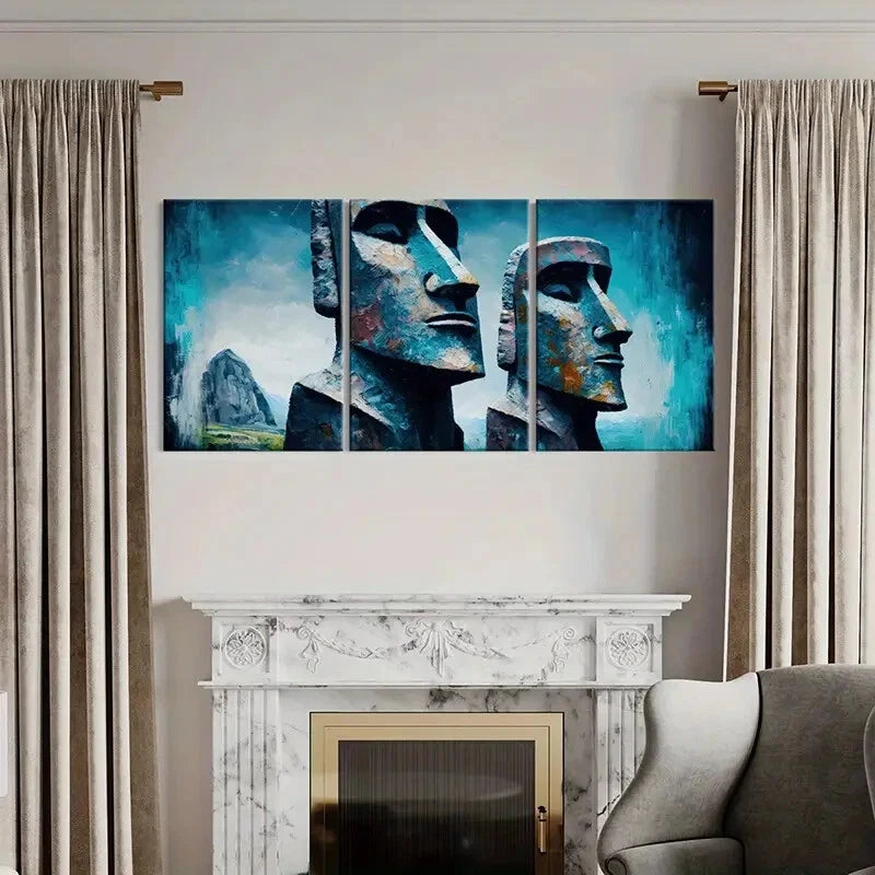 3pcs Abstract Moai Statues Art Blue Tones Textured Metal Print Ready to Hang Art - Bella Home Decor