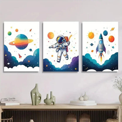 3pcs Cute astronaut, traveling on the planet, Metal Print Ready to Hang Art