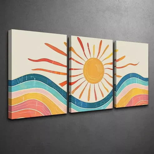 3pcs Mid-Century Abstract Landscape Canvas Framed 60x90 cm - High Quality Print 100% Australian Made Wall Canvas Ready to Hang