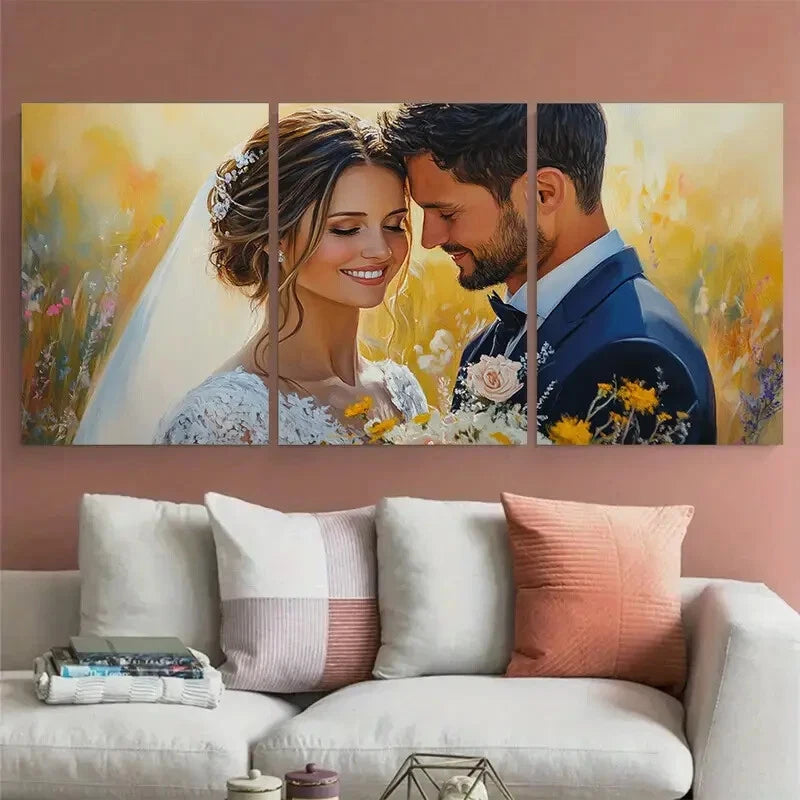 3pcs Wedding Couple Portrait Floral Design Metal Print Ready to Hang Art - Bella Home Decor
