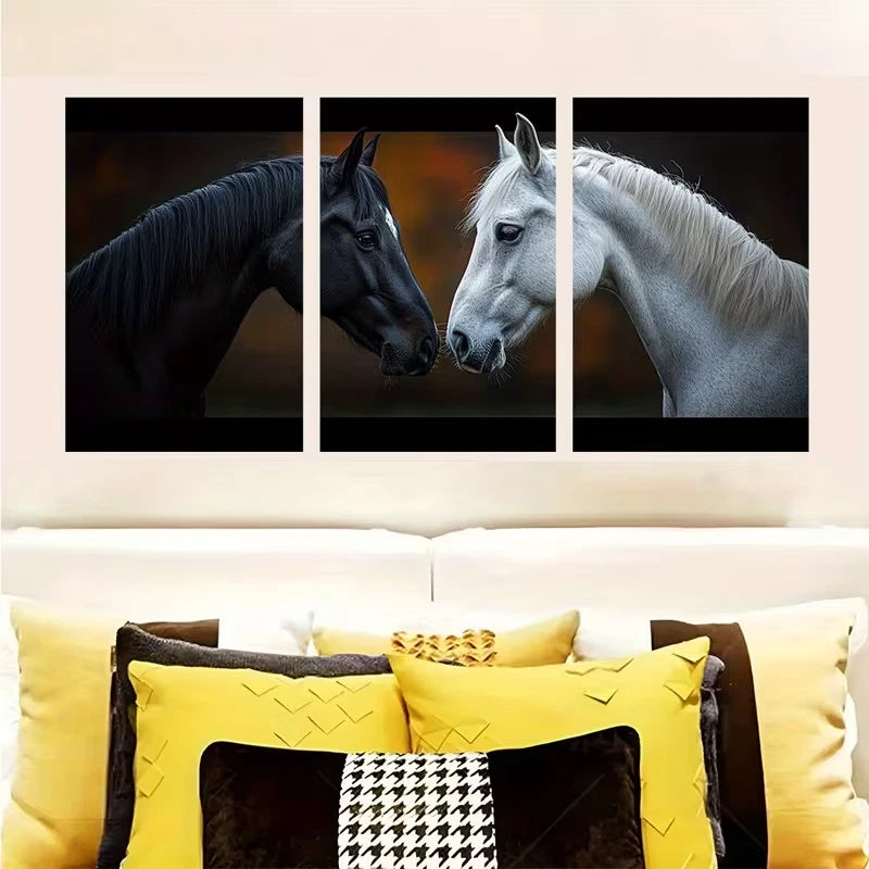 3pcs Couple Horses Black White Metal Print Ready to Hang Art - Bella Home Decor