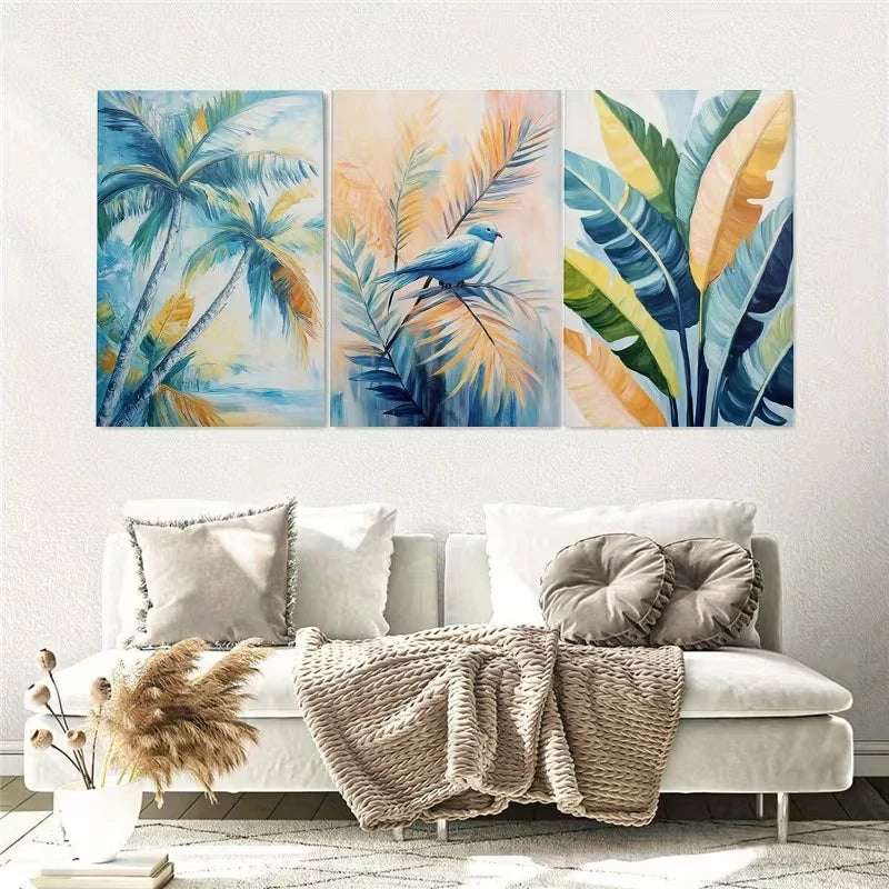 3pcs Blue Leaf Tropical Colorful Botanical Wall Art Set Canvas Framed 40x60cm – High Quality Print 100% Australian Made Wall Canvas Ready to Hang - Bella Home Decor