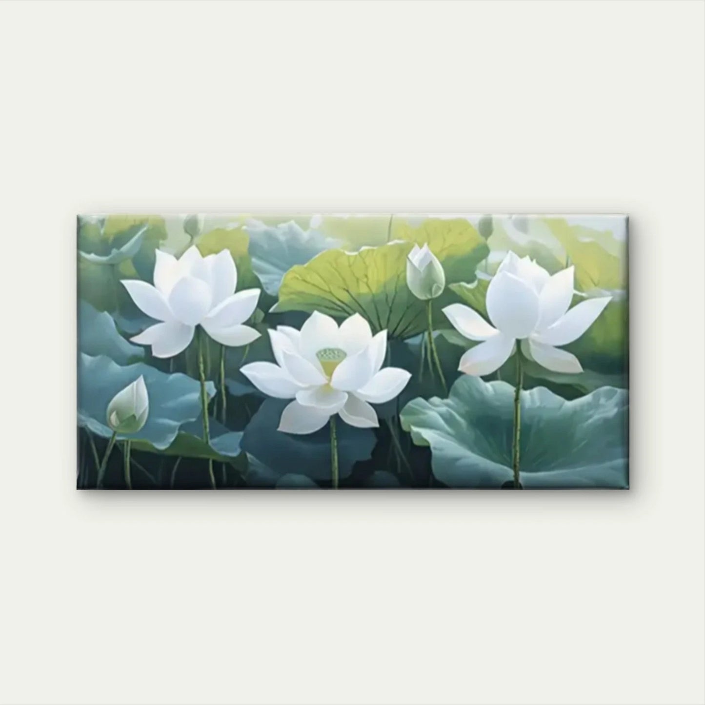 Lotus Flower White Green Leave Wall Art Canvas Office Home Room Framed 120x60cm