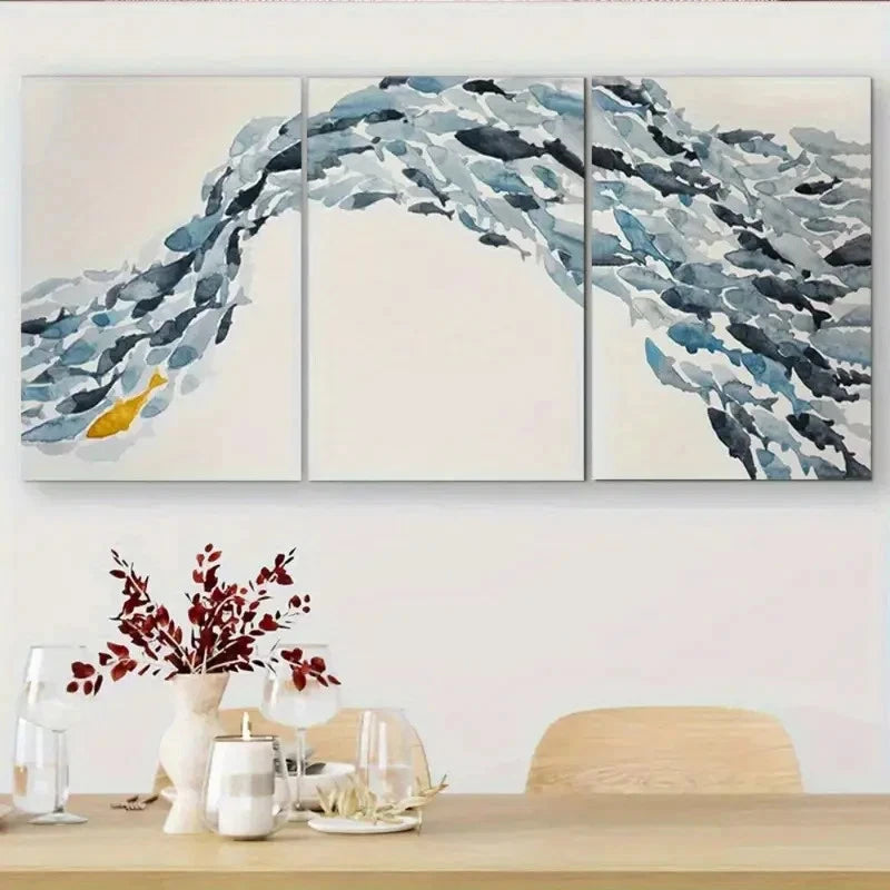 3pcs Abstract Shoal of Fish Triptych Metal Print Ready to Hang Art - Bella Home Decor
