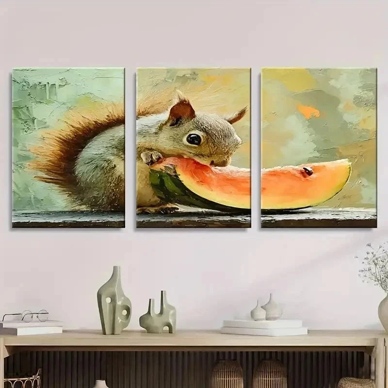 3pcs Cute Squirrel Eating Watermelon Wall Art Set Canvas Framed 50x70cm - High Quality Print 100% Australian Made Wall Canvas Ready to Hang - Bella Home Decor