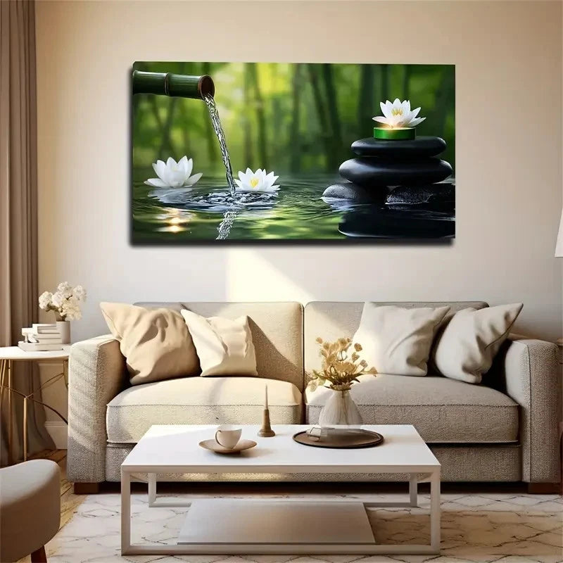 Serene Green Candle & For Lotus Wall Art Canvas Office Home Room Framed 120x60cm