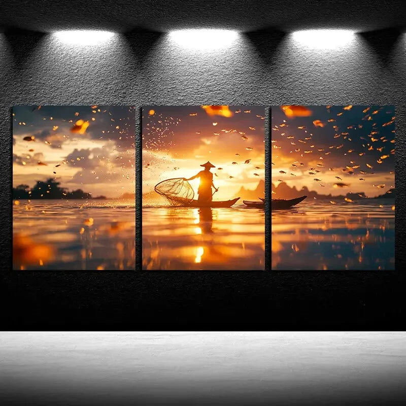 3pcs Vibrant Fishermen on the Sea Surface Metal Print Ready to Hang Art - Bella Home Decor