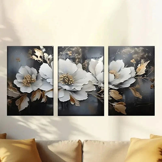 3pcs white flower with Golden leaves Wall Art Set Canvas Framed 40x60cm - High Quality Print 100% Australian Made Wall Canvas Ready to Hang