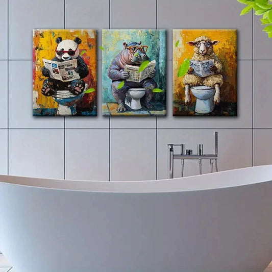 3pcs Panda, Hippo & Sheep Reading Newspaper Wall Art Set Canvas Framed 50x70cm - High Quality Print 100% Australian Made Wall Canvas Ready to Hang