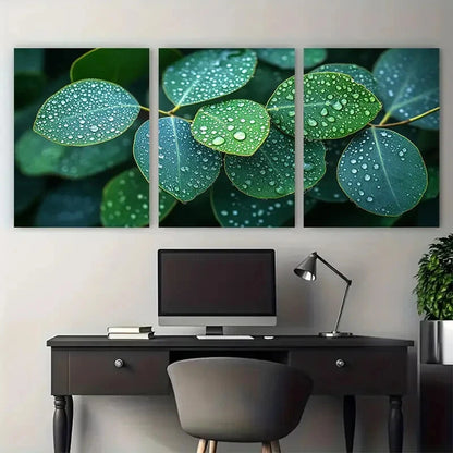 3pcs Eucalyptus Leaves Photography Raindrops Metal Print Ready to Hang Art - Bella Home Decor