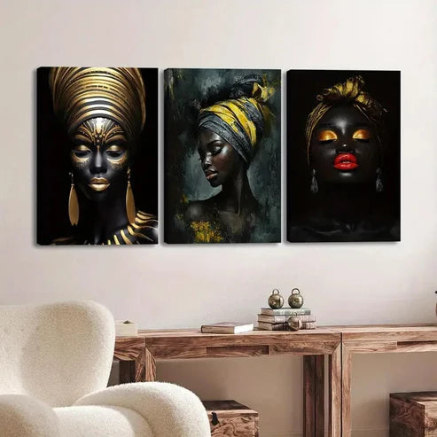 3pcs Abstract Women Black & Gold Red & Gray Dark Wall Art Set Canvas Unframed - High Quality Print 100% Australian Made Wall Canvas - Bella Home Decor