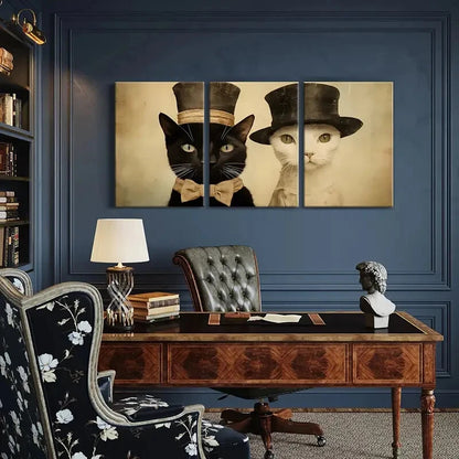 3pcs Elegant Cats In Top Hats Vintage Style Metal Print Ready to Hang Art - Bella Home Decor