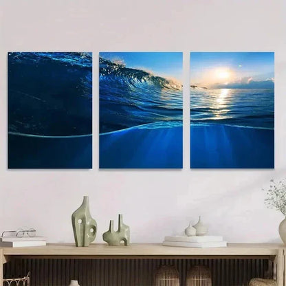 3pcs Vibrant Blue Waves & Sunlight Ocean Wall Art Set Canvas Unframed - High Quality Print 100% Australian Made Wall Canvas - Bella Home Decor