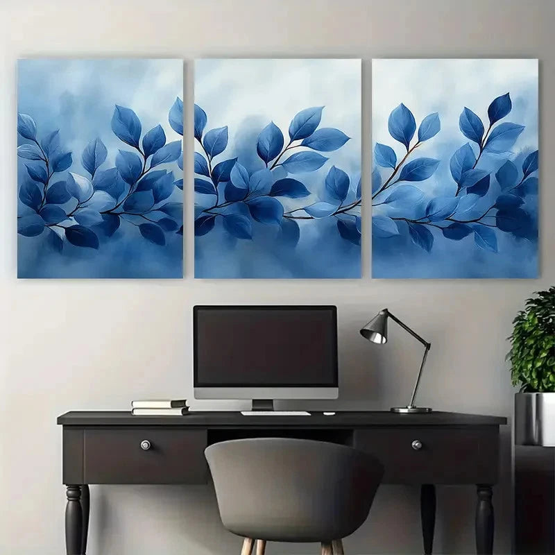 3pcs Floral Foliage Cool Toned Grey Blue Design Wall Art Set Canvas Framed 60x90cm - High Quality Print 100% Australian Made Wall Canvas Ready to Hang