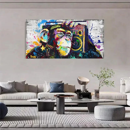 Graffiti Monkey Listening Music Wall Art Canvas Office Home Room Framed 120x60cm - Bella Home Decor
