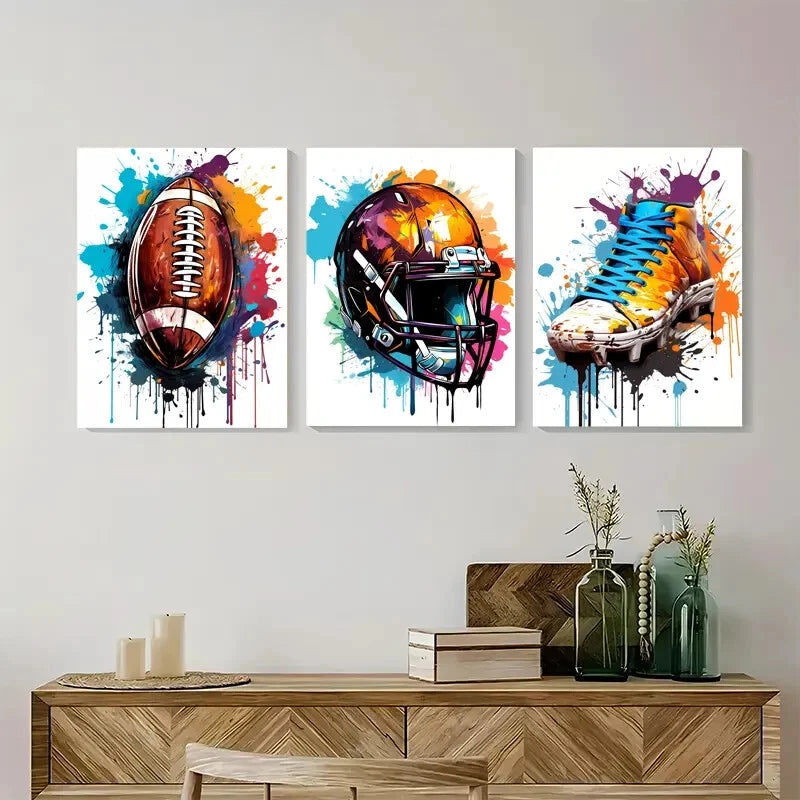 3pcs Vibrant Football Colorful Helmet and Jersey Metal Print Ready to Hang Art - Bella Home Decor