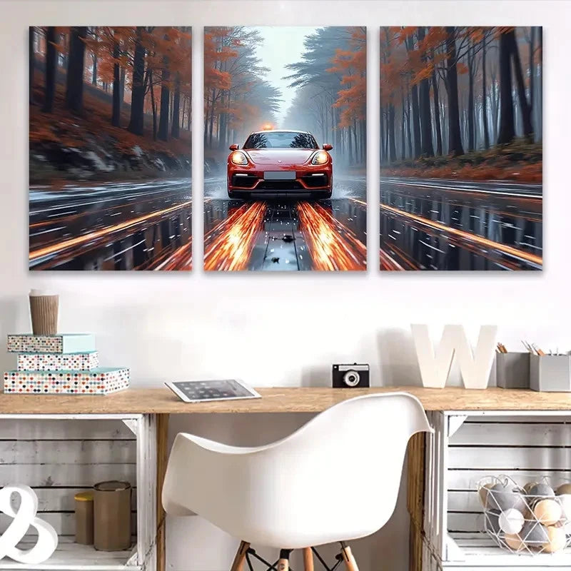 3pcs A Red Sports Car's Autumn Drive Wall Art Set Canvas Framed 40x60cm - High Quality Print 100% Australian Made Wall Canvas Ready to Hang - Bella Home Decor