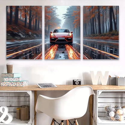 3pcs A Red Sports Car's Autumn Drive Wall Art Set Canvas Framed 40x60cm - High Quality Print 100% Australian Made Wall Canvas Ready to Hang - Bella Home Decor