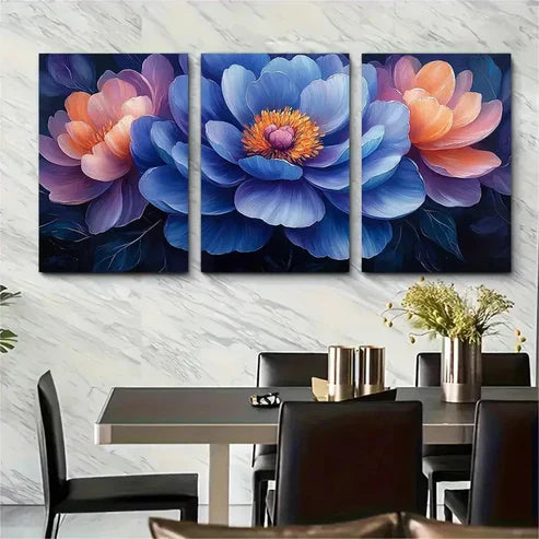 3pcs Blue Violet Peony Floral Abstract Perfect Wall Art Set Canvas Unframed - High Quality Print 100% Australian Made Wall Canvas - Bella Home Decor