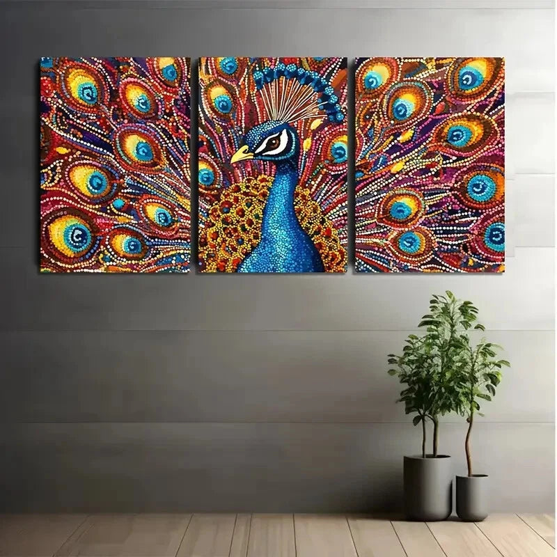 3pcs PeaRooster Feather Colorful Metal Print Ready to Hang Art - Bella Home Decor