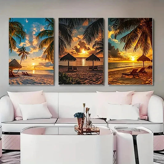 3pcs Tropical Beach Sunset TBS Wall Art Canvas Framed 40x60cm - High Quality Print 100% Australian Made Wall Canvas Ready to Hang