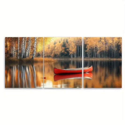 3pcs Golden Birch Leaves, Isolated Red Canoe Wall Art Set Canvas Framed 60x90cm - High Quality Print 100% Australian Made Wall Canvas Ready to Hang