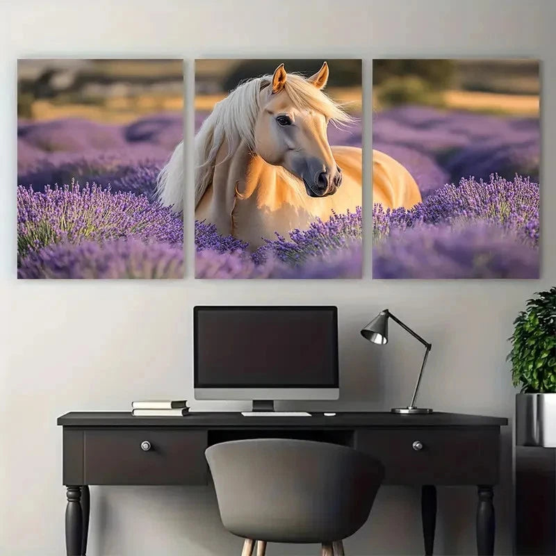 3pcs Serene Palomino Horse in Lavender Field Wall Art Set Canvas Framed 40x60cm - High Quality Print 100% Australian Made Wall Canvas Ready to Hang - Bella Home Decor