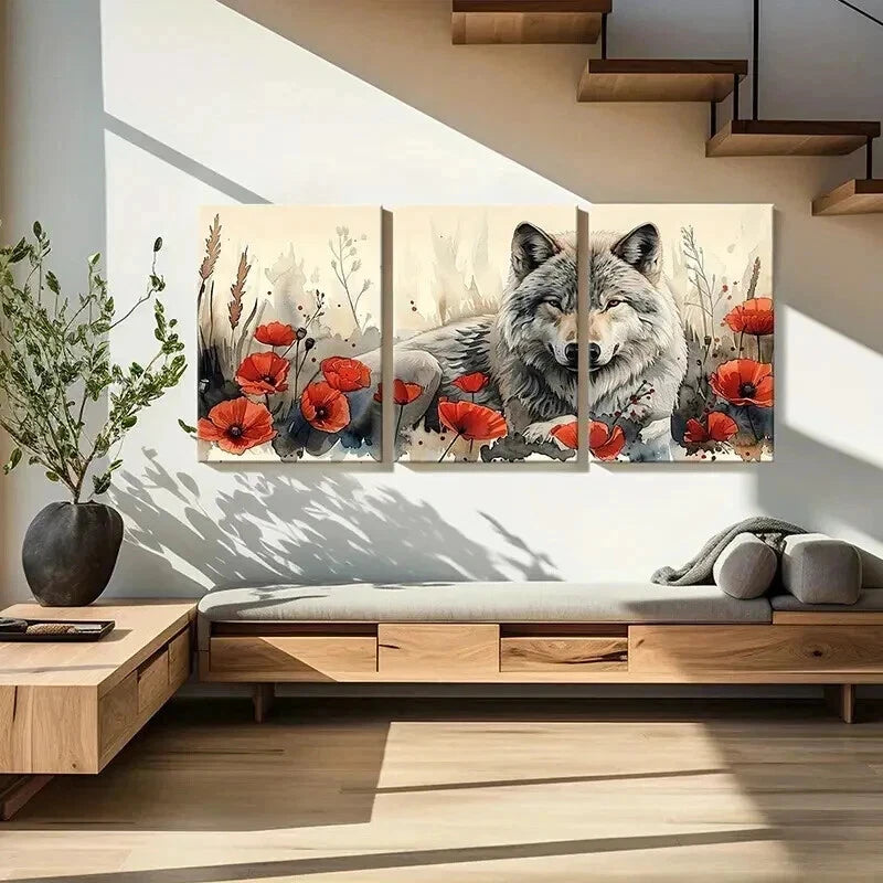 3pcs Watercolor Style The Wolf Among Flowers Wall Art Set Canvas Framed 60x90cm - High Quality Print 100% Australian Made Wall Canvas Ready to Hang - Bella Home Decor