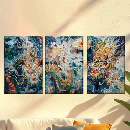 3pcs Colorful Abstract New Year Dragon Wall Art Set Canvas Framed 50x70cm - High Quality Print 100% Australian Made Wall Canvas Ready to Hang - Bella Home Decor