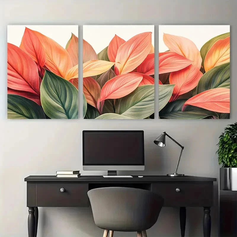 3pcs Cordyline Fruticosa Leaves Exotic Tropical Metal Print Ready to Hang Art - Bella Home Decor