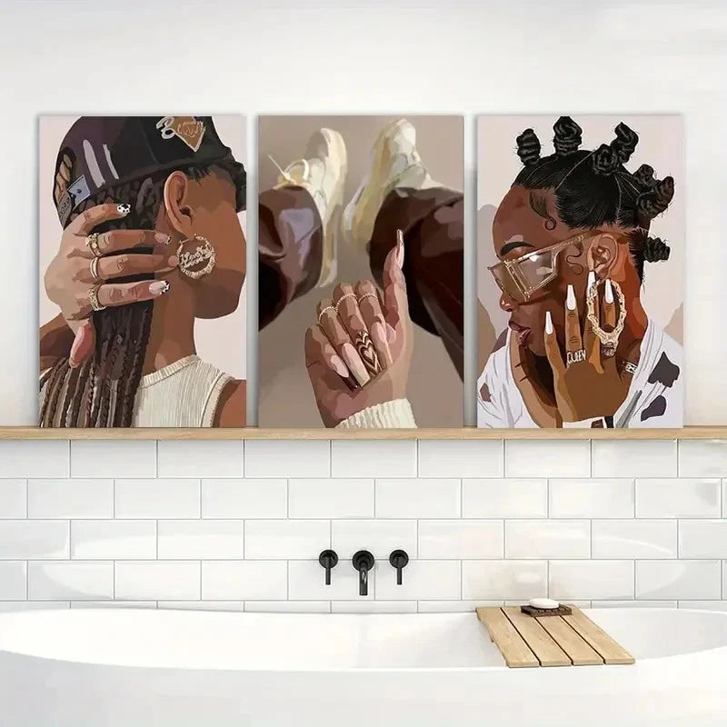 3pcs Painting Black Girl Wall Art Decor Posters Metal Print Ready to Hang Art - Bella Home Decor