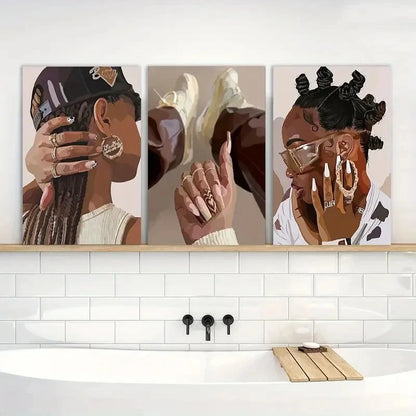 3pcs Painting Black Girl Wall Art Decor Posters Metal Print Ready to Hang Art - Bella Home Decor