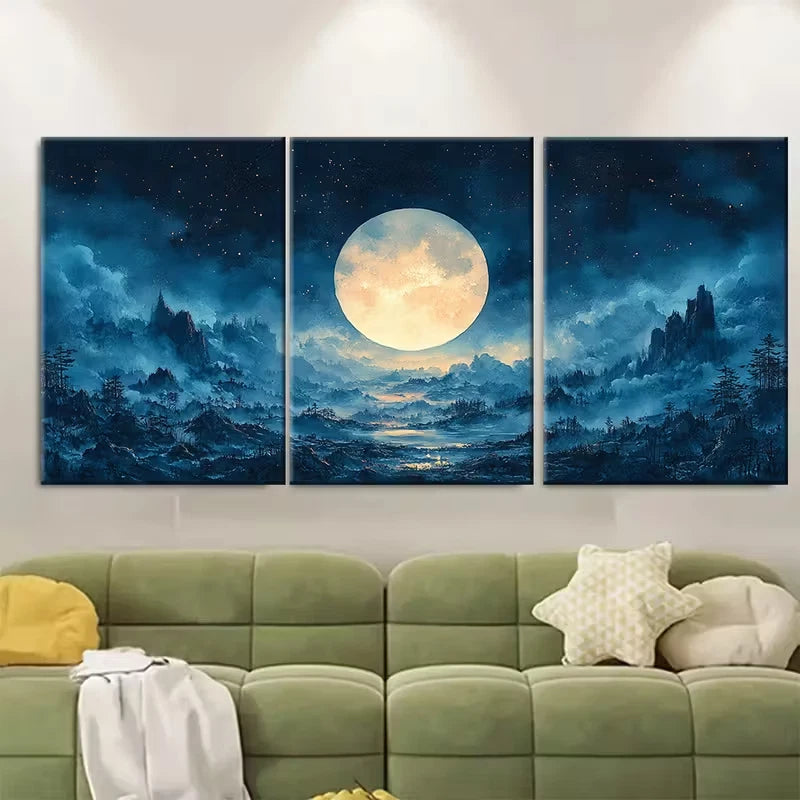 3pcs Simplistic Circular Night Sky Scene Metal Print Ready to Hang Art