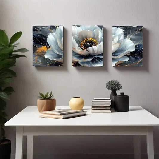 3pcs Flower Pictures Black and White Metal Print Ready to Hang Art