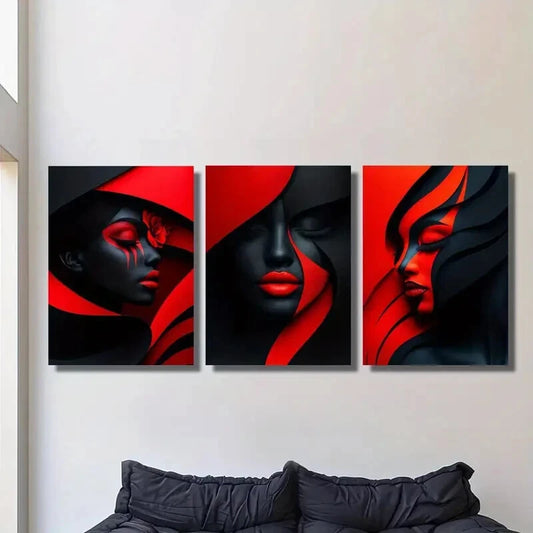 3pcs geometric red makeup poster, Metal Print Ready to Hang Art