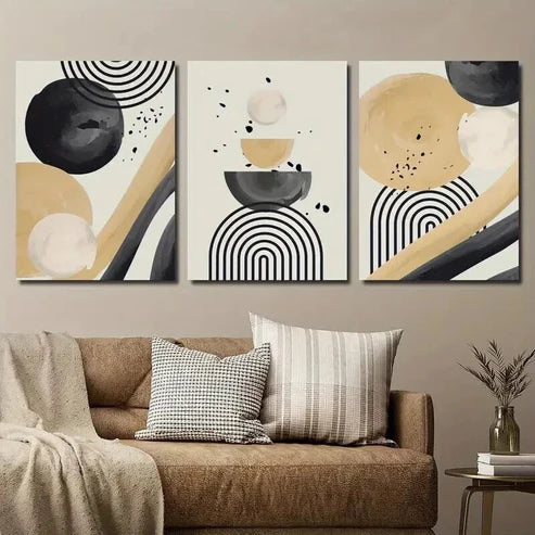 3pcs Black and Beige Modern Geometric Shapes Wall Art Set Canvas Unframed - High Quality Print 100% Australian Made Wall Canvas