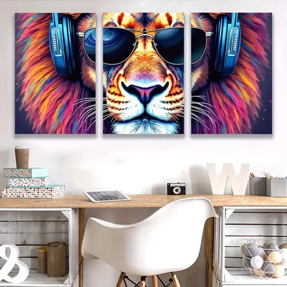 3pcs Lion with Headphones & Fashion Glasses I  Wall Art Set Canvas Framed 40x60cm - High Quality Print 100% Australian Made Wall Canvas Ready to Hang