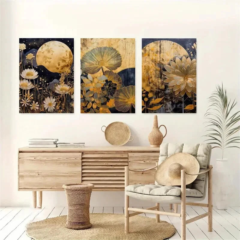 3pcs Modern Golden Moon and Flowers Theme Metal Print Ready to Hang Art - Bella Home Decor